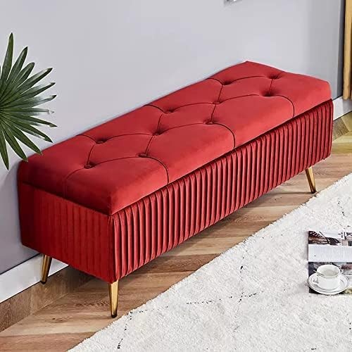 Modern Velvet Storage Bench Ottoman With Gold Legs - Tufted Footrest Seat