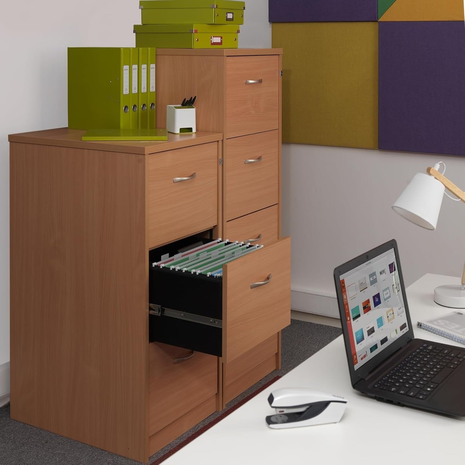 Beech Executive Filing Cabinet 4 Drawer Lockable Foolscap Storage