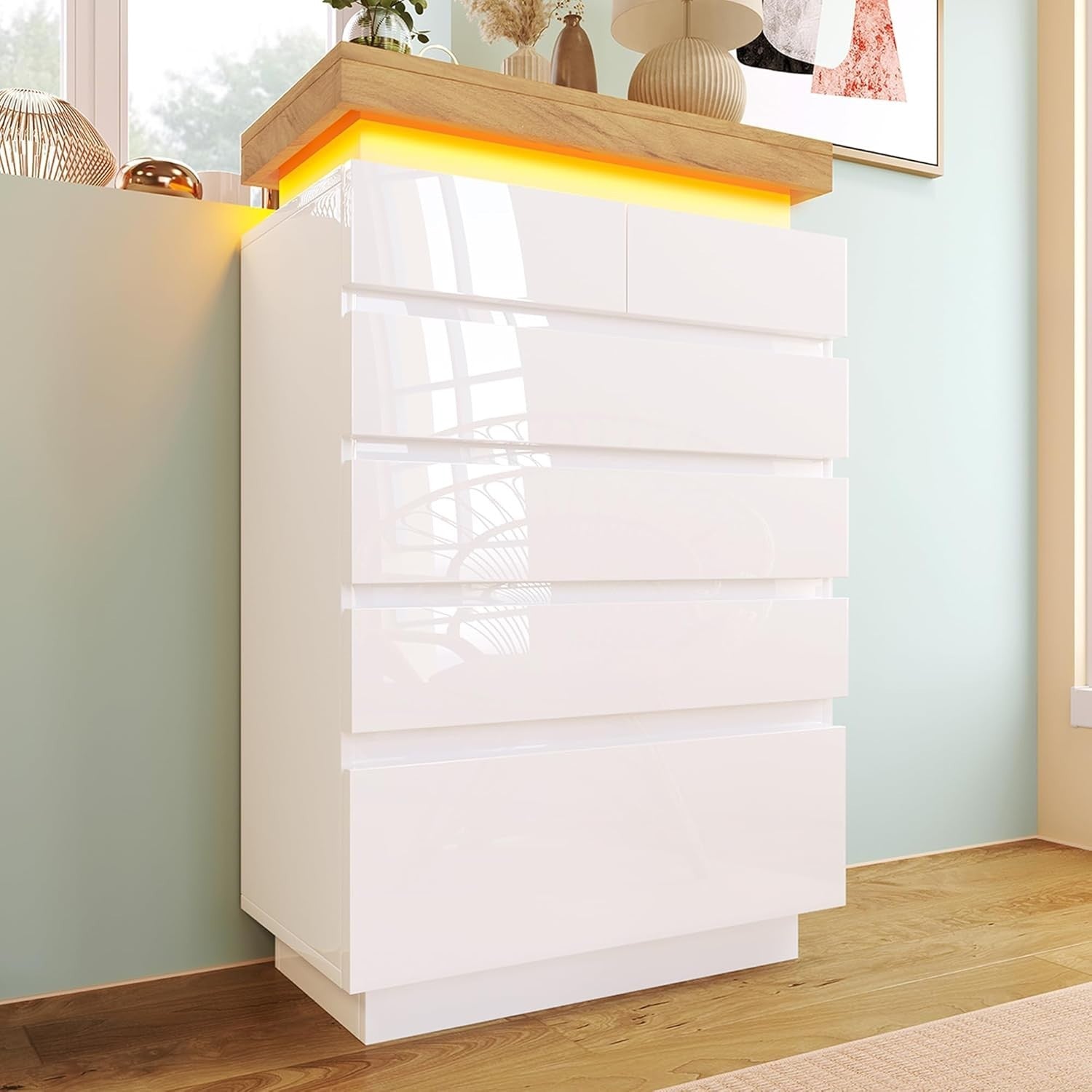 White Gloss Sideboard LED Chest Cabinet 6 Drawer Unit Storage Modern**