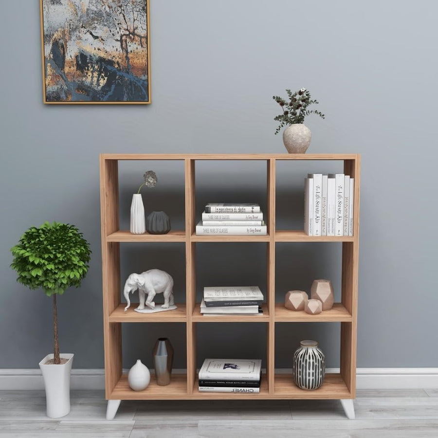 9-Cube Bookcase with Legs, Modern Wood Display Shelf for Living Room & Office