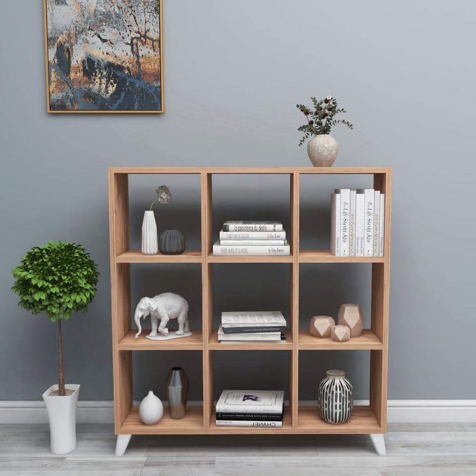 9-Cube Bookcase with Legs, Modern Wood Display Shelf for Living Room & Office