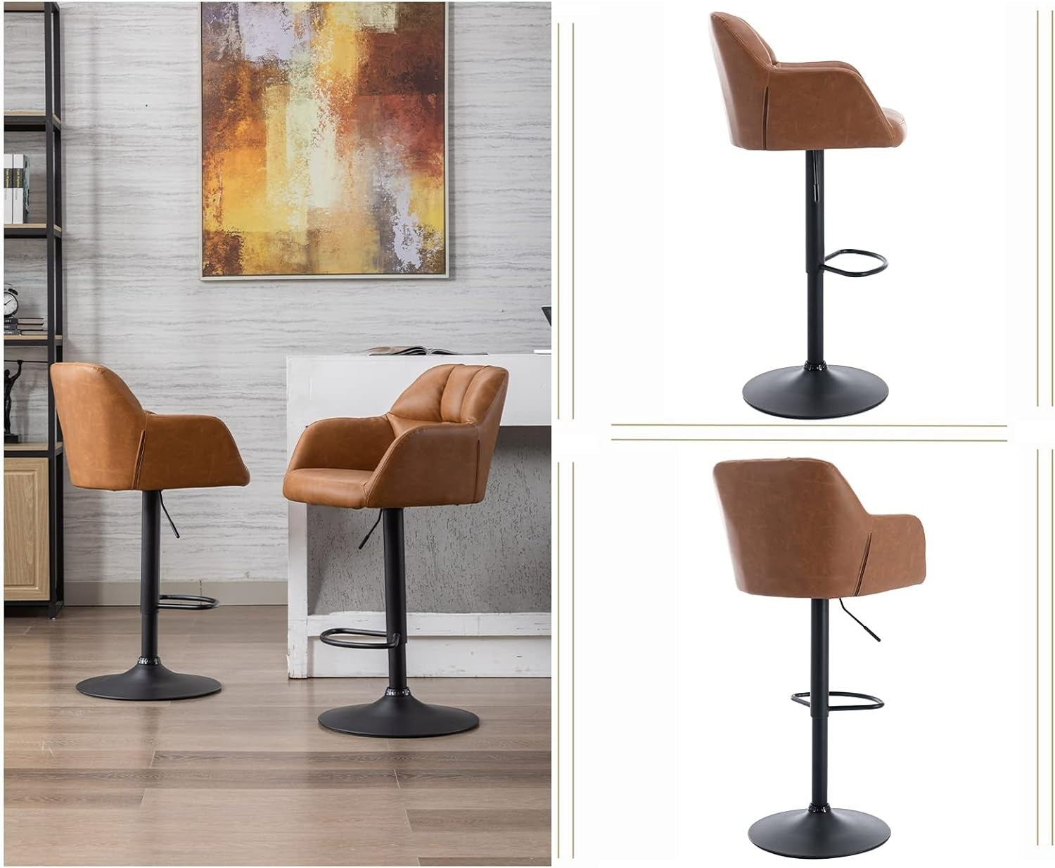 Set of 2 Swivel Bar Stools PU Leather Adjustable Height Brown