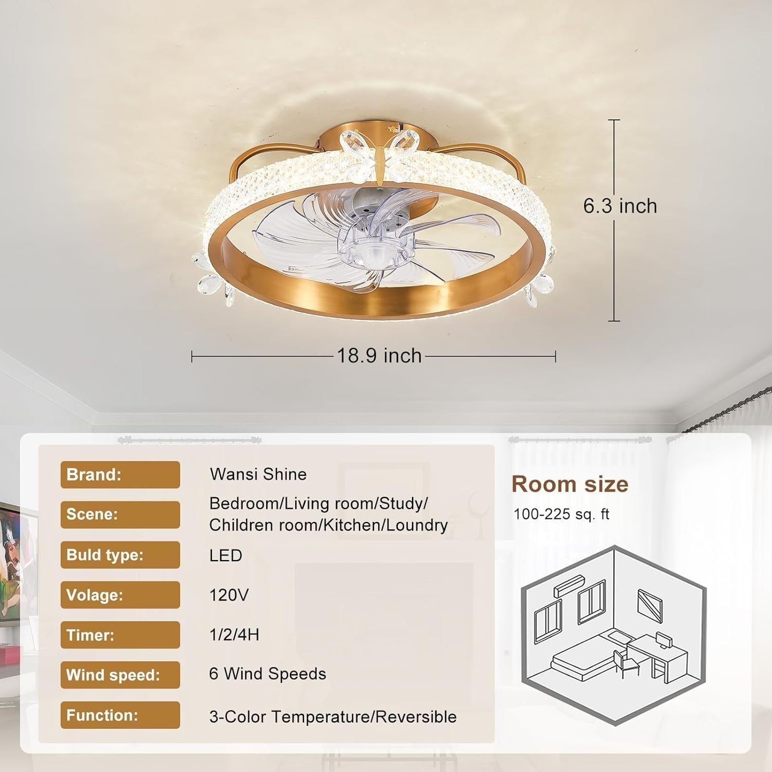 19" Gold Caged Ceiling Fan with Light, Crystal, Remote, 6-Speed