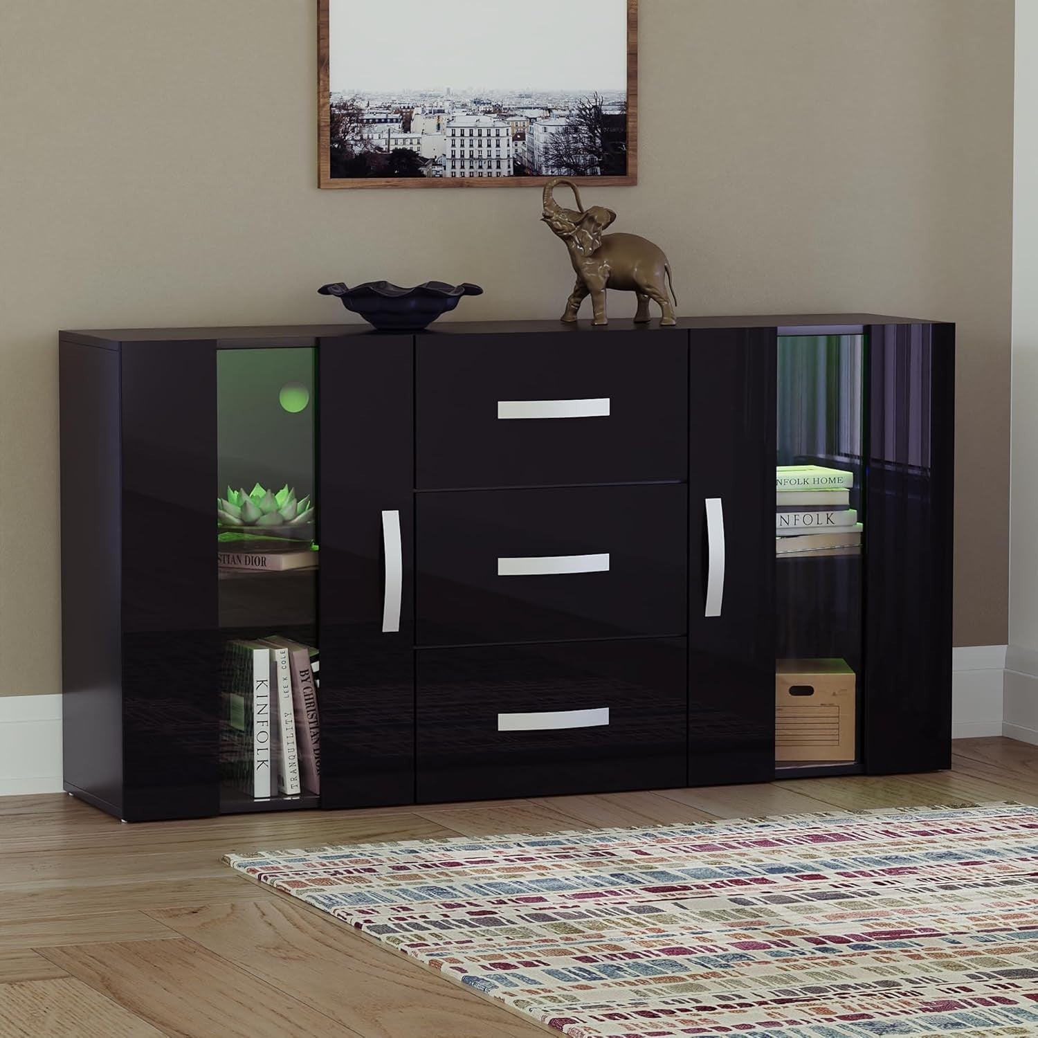 Black LED Sideboard Cabinet RGB Lights 3 Drawers 2 Doors Modern Unit