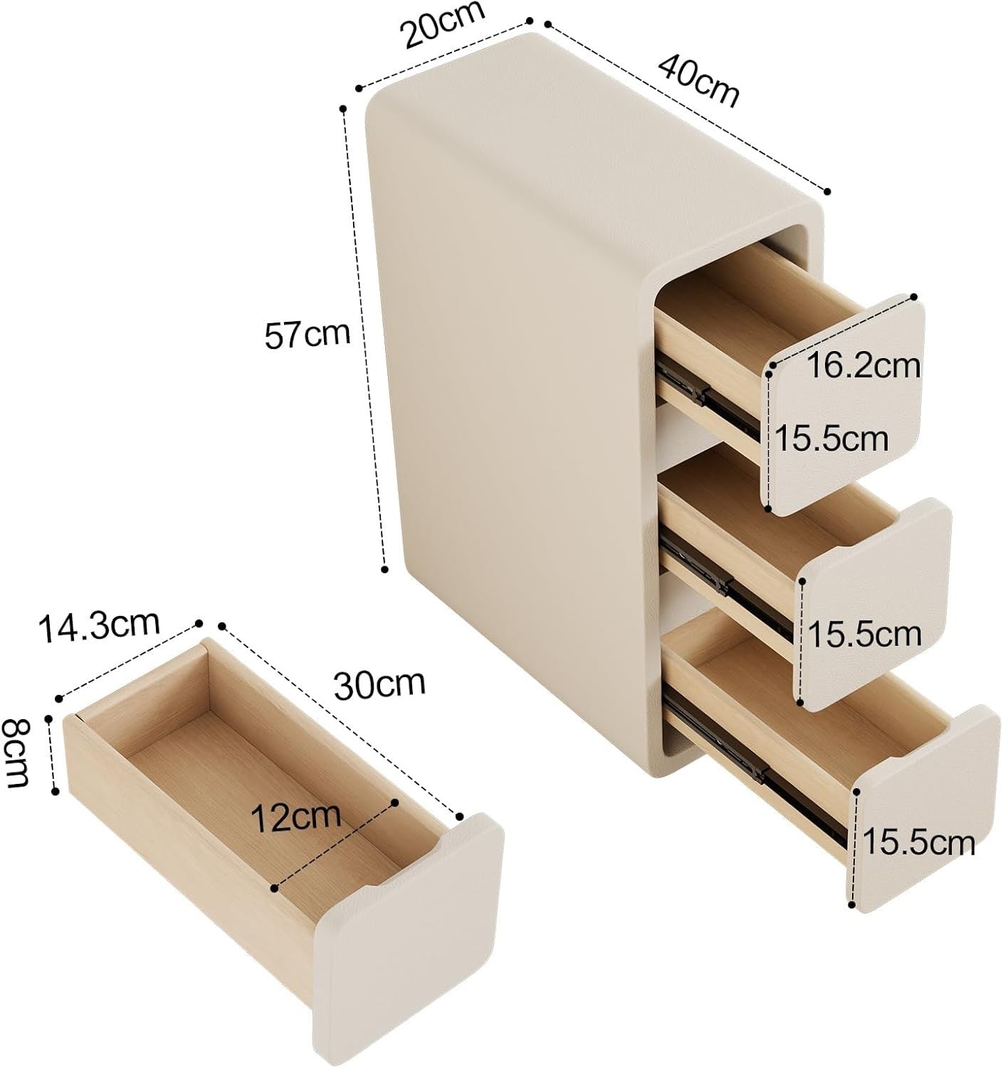 Modern Slim White Nightstand with 3 Drawers, Narrow Leather