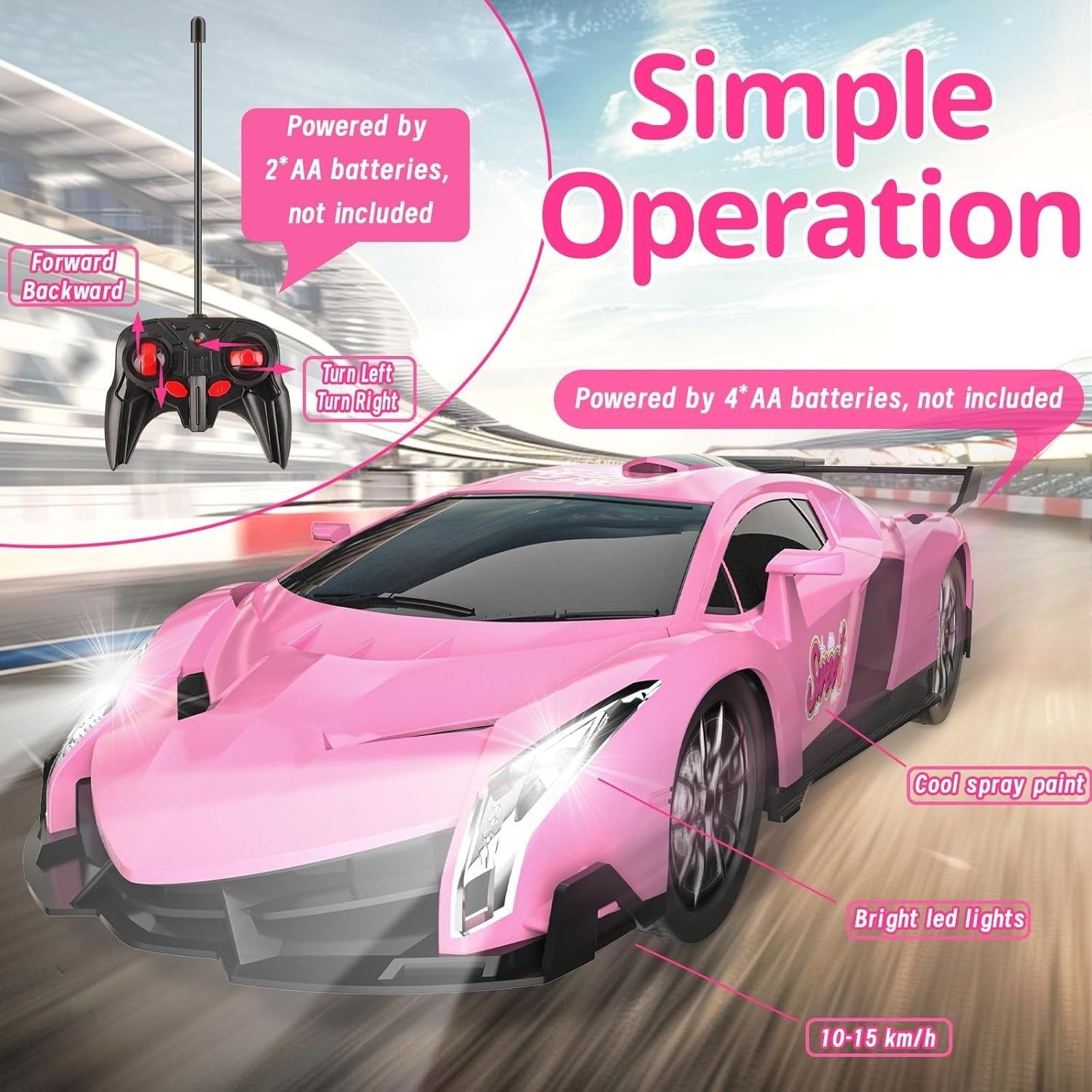 Pink RC Racing Car 1:18 Remote Control Toy with LED Lights for Girls 3+