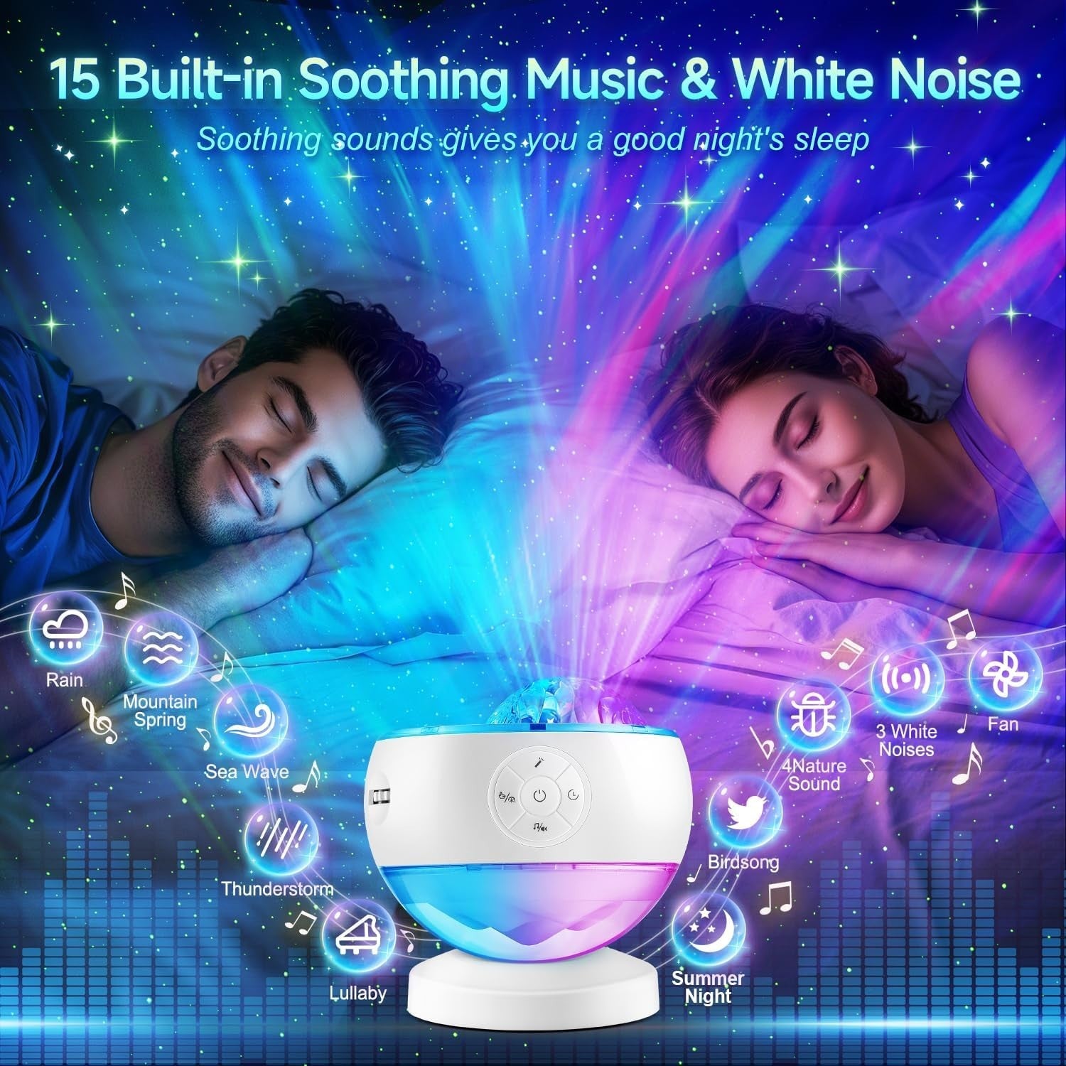 Galaxy Star Projector Night Light Bluetooth White Noise 16 Color Aurora