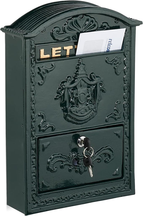 Vintage Wall Mounted Letterbox Green Gold | Lockable A4 Post Box Iron Aluminium