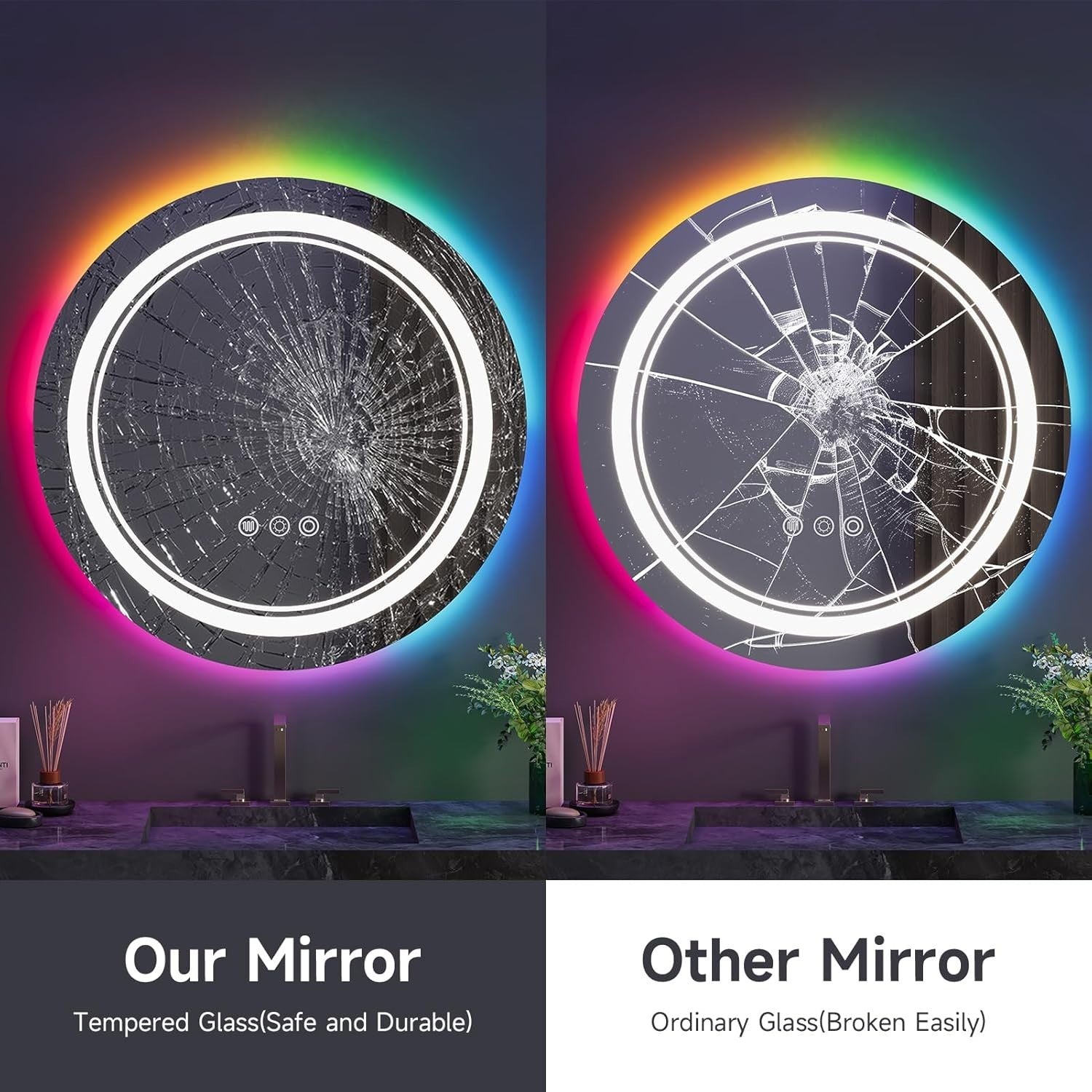 LED Bathroom Mirror 60cm Round RGB Dimmable Anti-Fog Touch Control
