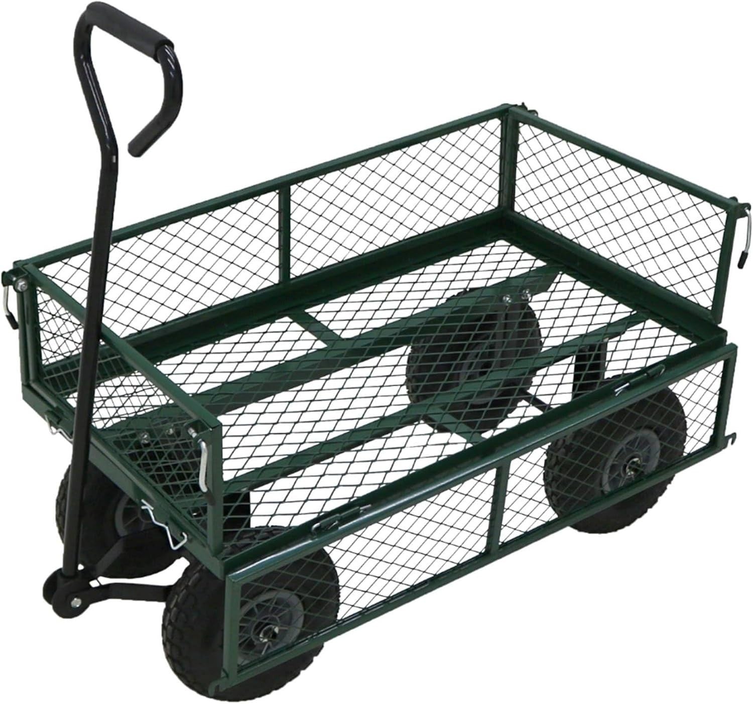 Heavy Duty Metal Garden Trolley Cart Green Mesh Wagon 400kg Capacity All Terrain