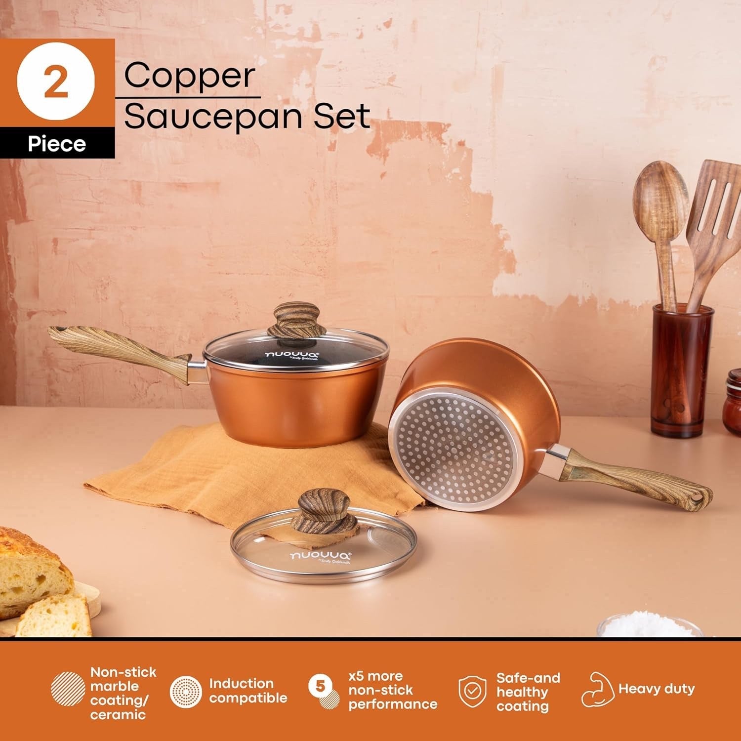 3pcs Copper Non-Stick  Saucepan Set with Lids 16cm 18cm 20cm Induction Ready