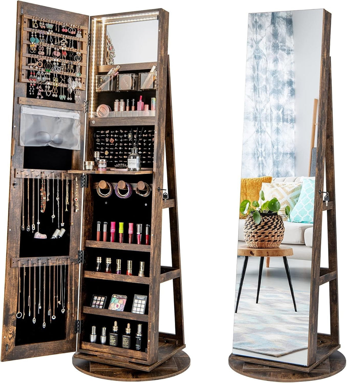 Rustic Brown 360° Swivel LED Jewelry Cabinet Mirror Lockable 3-in-1