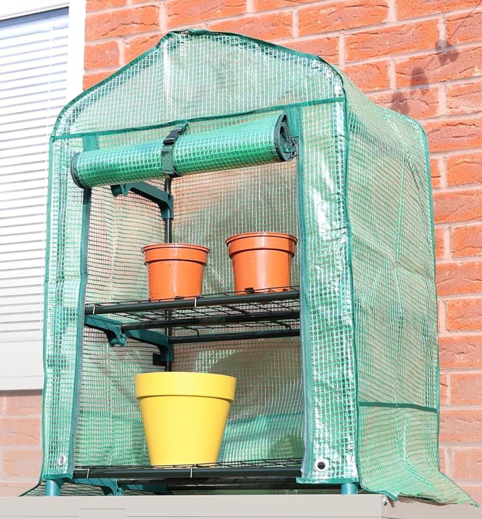 2 Tier Mini Greenhouse Shelves, PE Cover, Roll-Up Door, 55x45x85cm