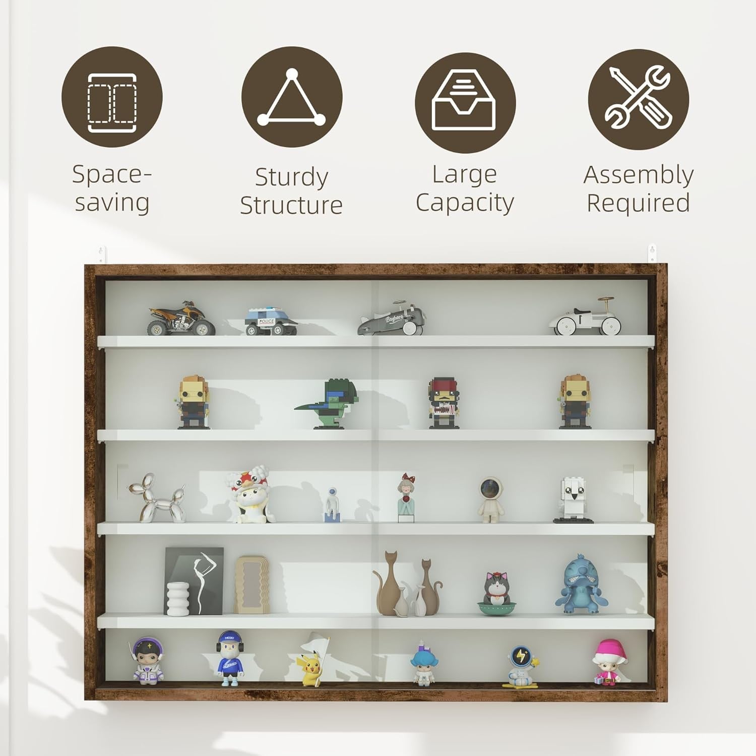 5-Tier Rustic Brown Display Cabinet | Wall-Mounted Glass Sliding Door Shelf 60×8