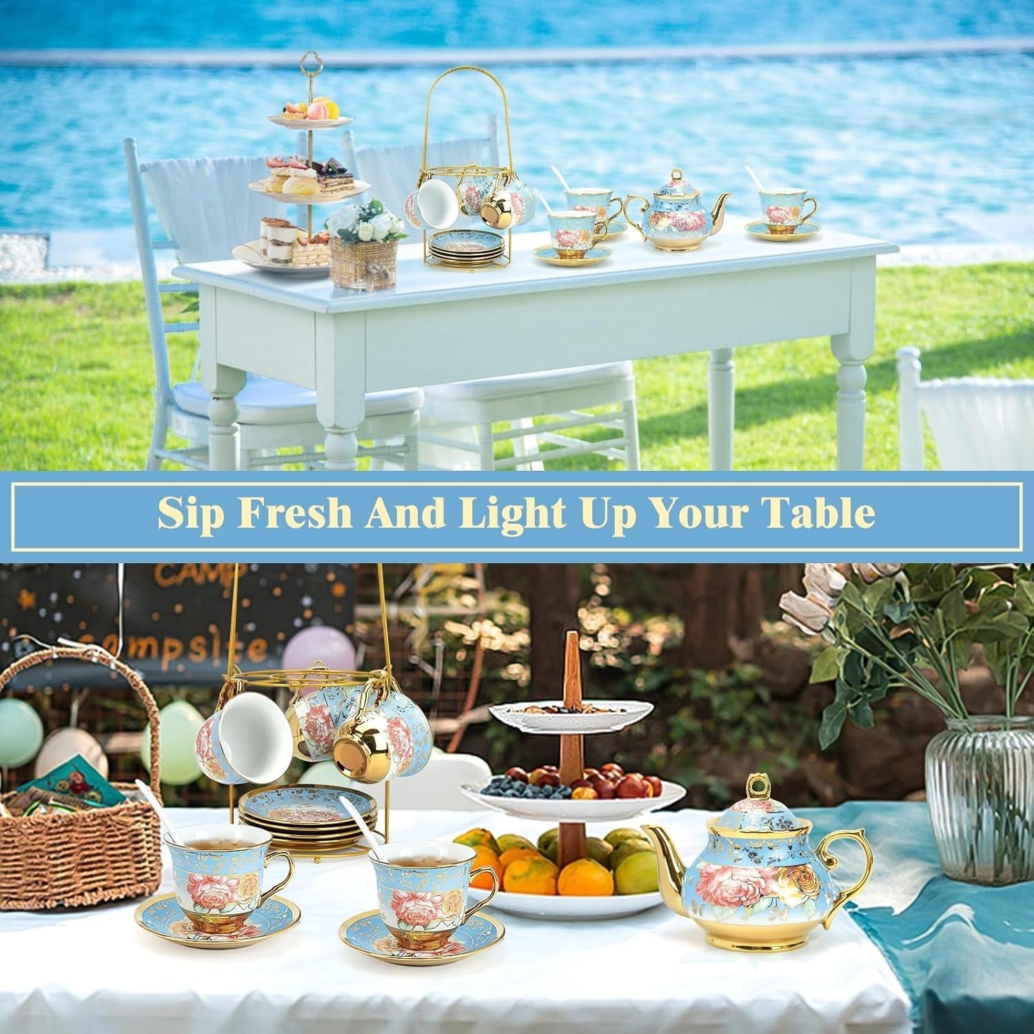 20Pc Porcelain Tea Set Blue Gold Floral Cups Saucers Teapot Stand Gift