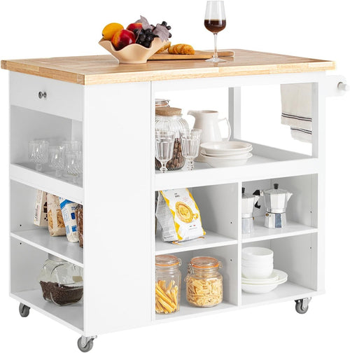 Kitchen Island Trolley with Rubberwood Top & Storage | 108x60x90cm Cart