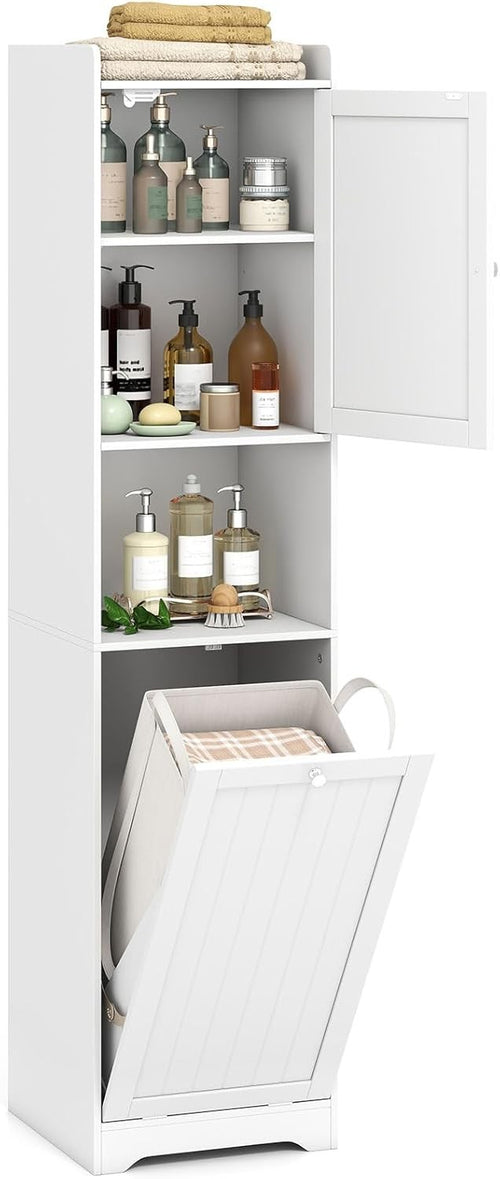 Tall Bathroom Cabinet with Tilt-Out Laundry Basket & Adjustable Shelves | Slim 1
