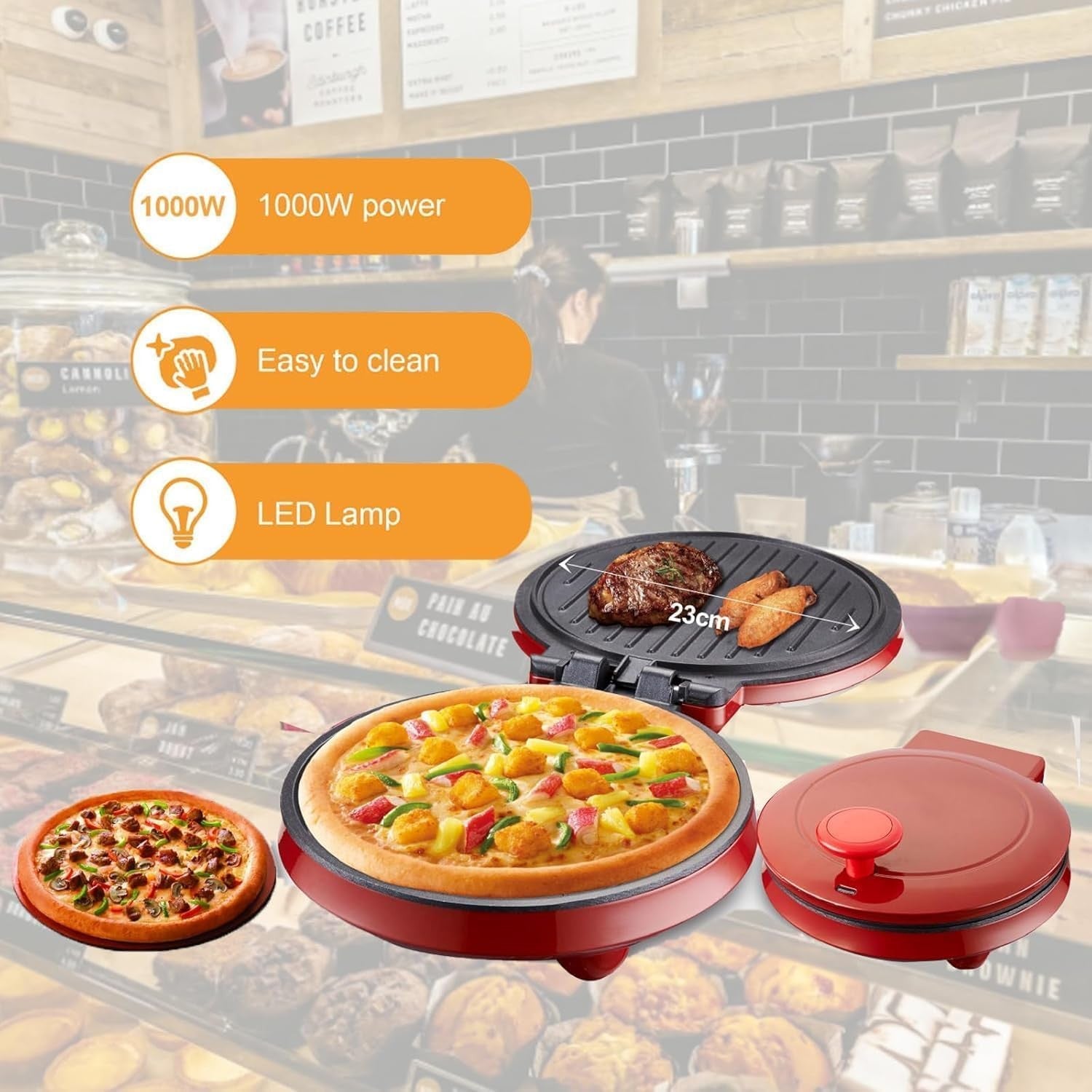 Mini Pizza Oven 1000W | 23cm Nonstick Dual Heat Fast Cooker for 2-3 People