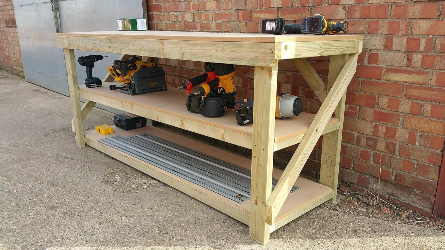 Wood MDF Workbench 6ft Double Shelf 180x70x90cm Heavy Duty Garage Table