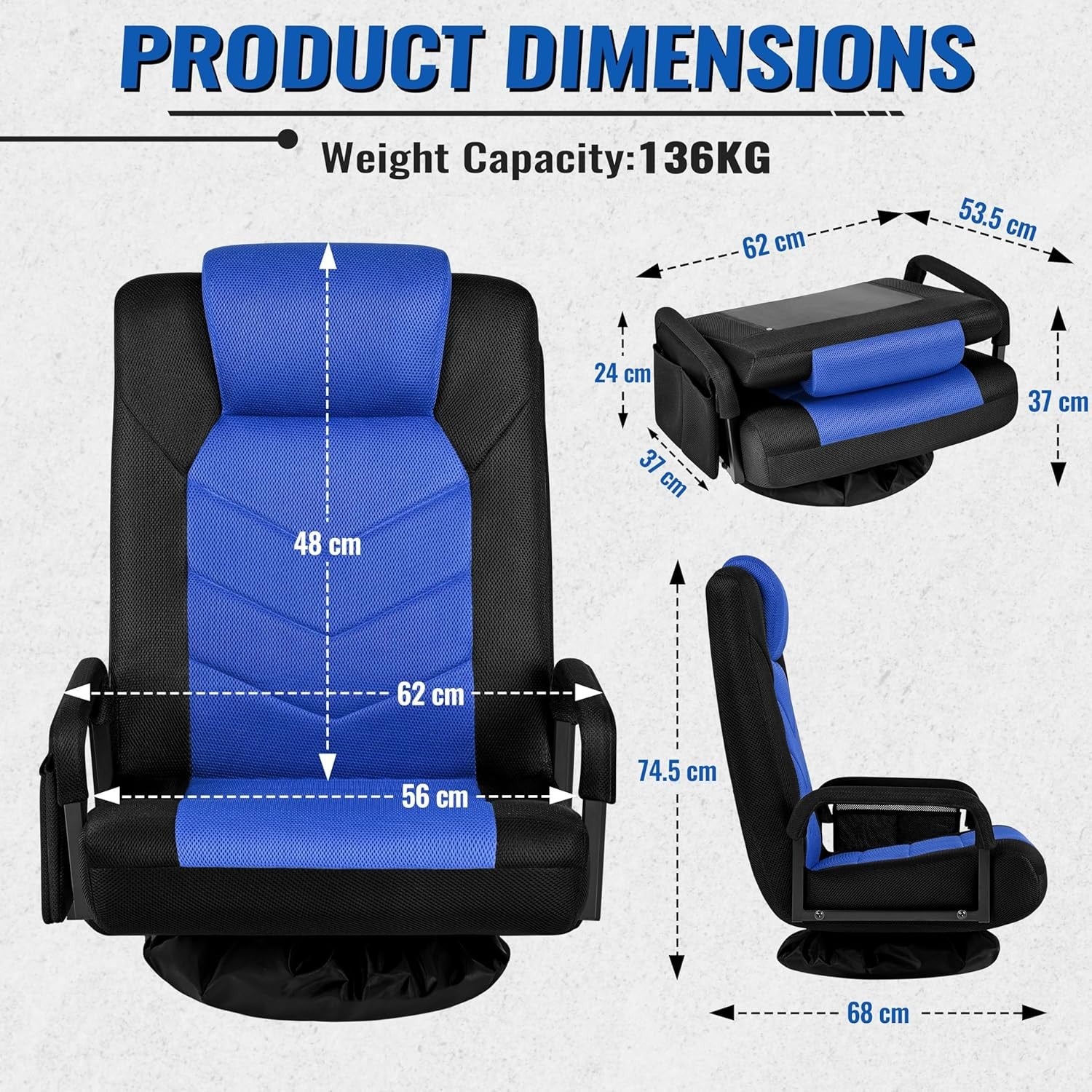 360° Swivel Gaming Floor Chair Recliner 6 Position Sofa Blue
