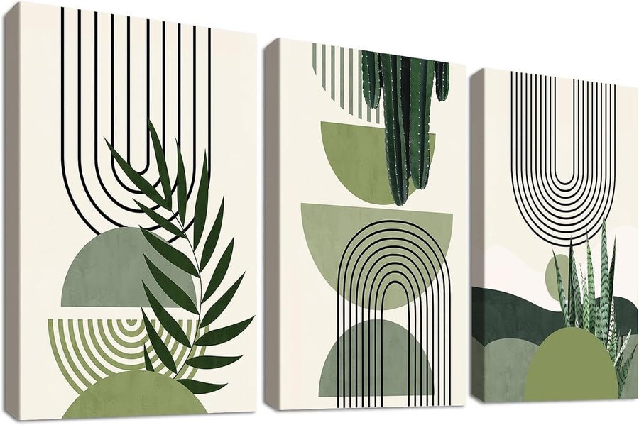 Set of 3 Framed Sage Green Botanical Canvas Wall Art 50x70cm