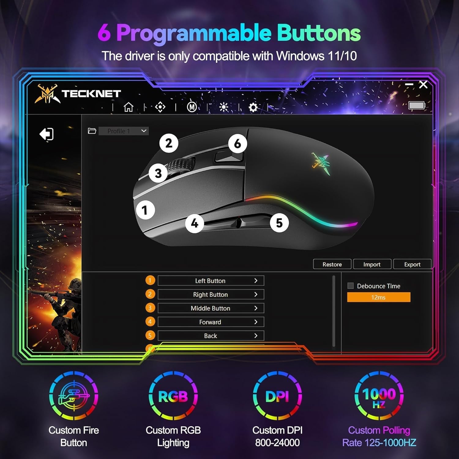 Tri-Mode Wireless Gaming Mouse 24000 DPI RGB 1000Hz