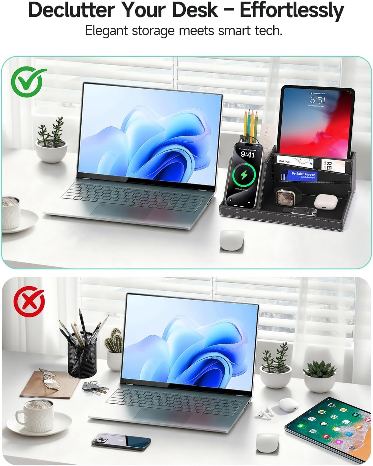 Wireless Charger Desk Organiser Leather Phone Charging Station Valet Tray