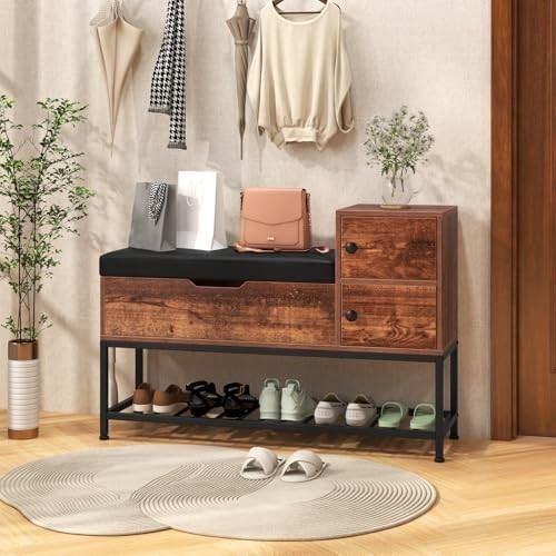 Rustic Brown Shoe Storage Bench with Flip Top & Cushion – Metal Frame 100cm