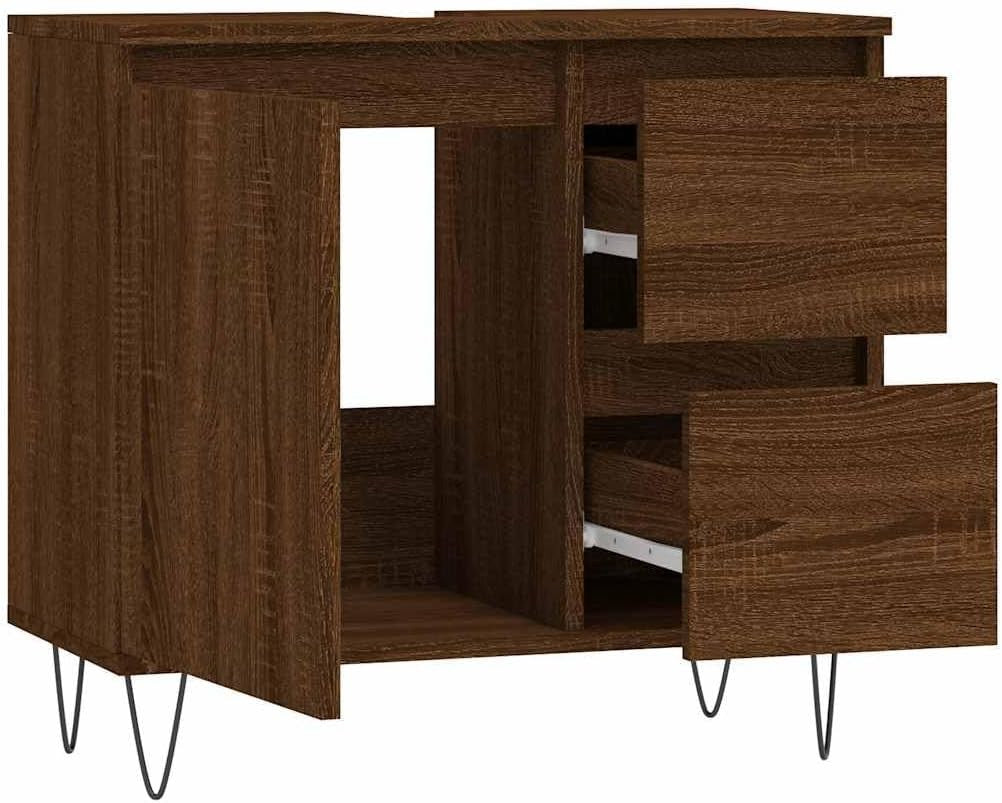 Modern Oak Brown Bathroom Vanity Cabinet 65cm Under Sink Storage Unit Drawers