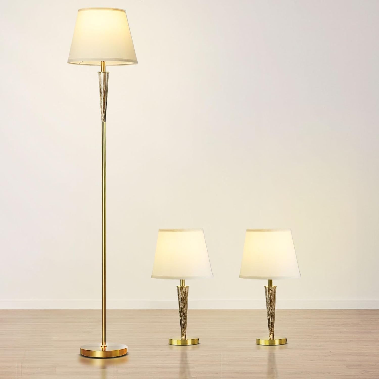 Modern 3-Piece Floor & Table Lamp Set with White Linen Shades, 51.5x20x60cm