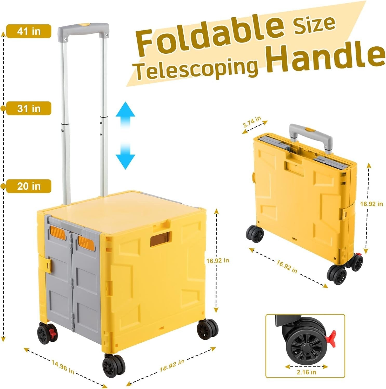 Foldable Grocery Trolley Cart 50Kg Portable Storage Box w/ Lid Yellow