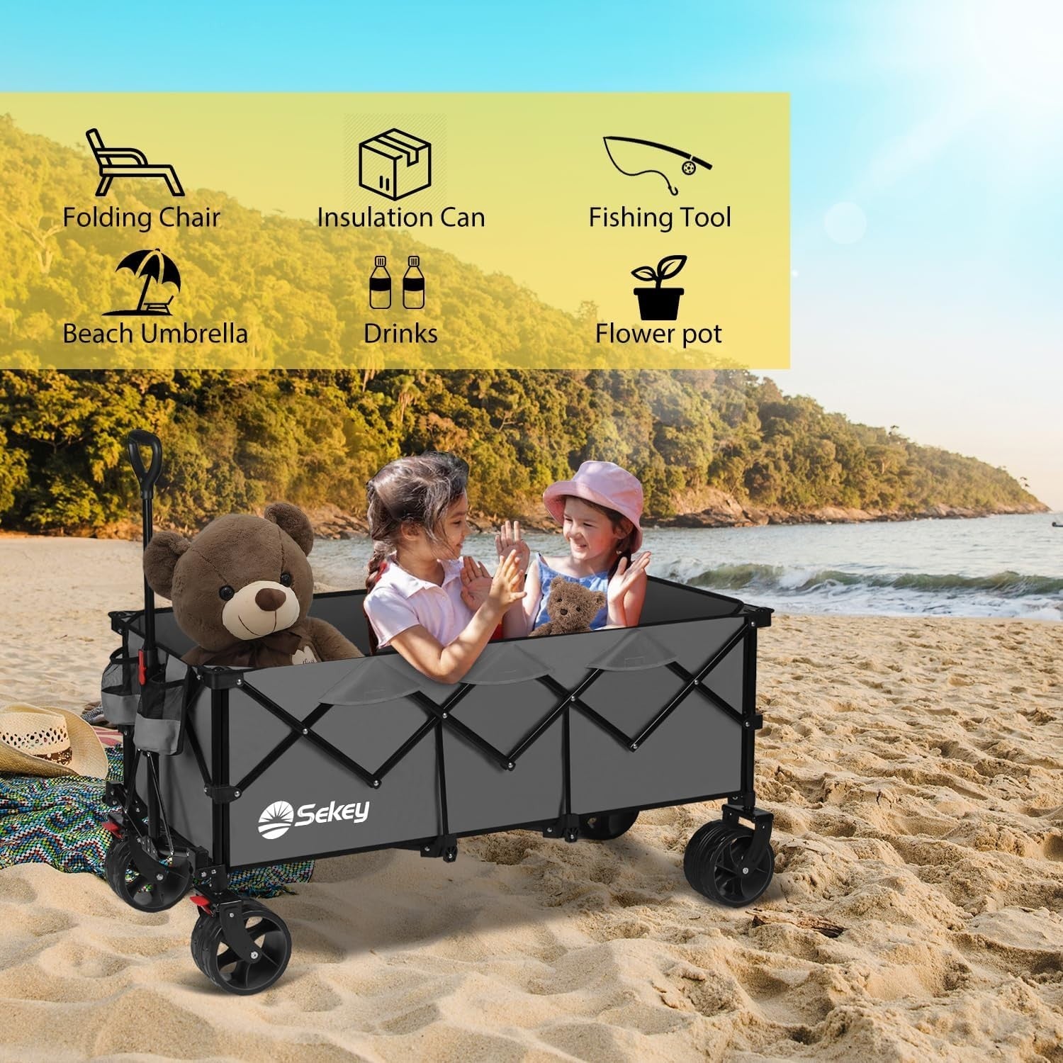 Grey 300L Folding Camping Wagon 150kg Heavy Duty All Terrain Festival Beach Cart
