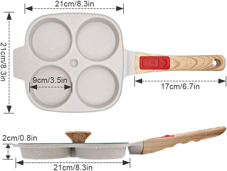 4-Cup Egg Pan Non-Stick Pancake Skillet w/ Lid & Detachable Handle White