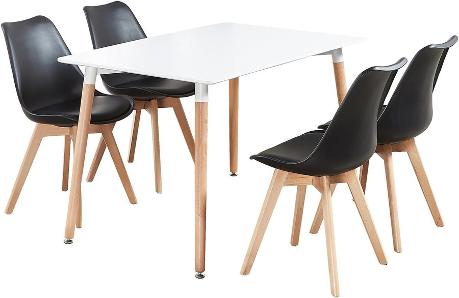 White Dining Table Set for 4 w/ Black PU Chairs – Small Space Ready