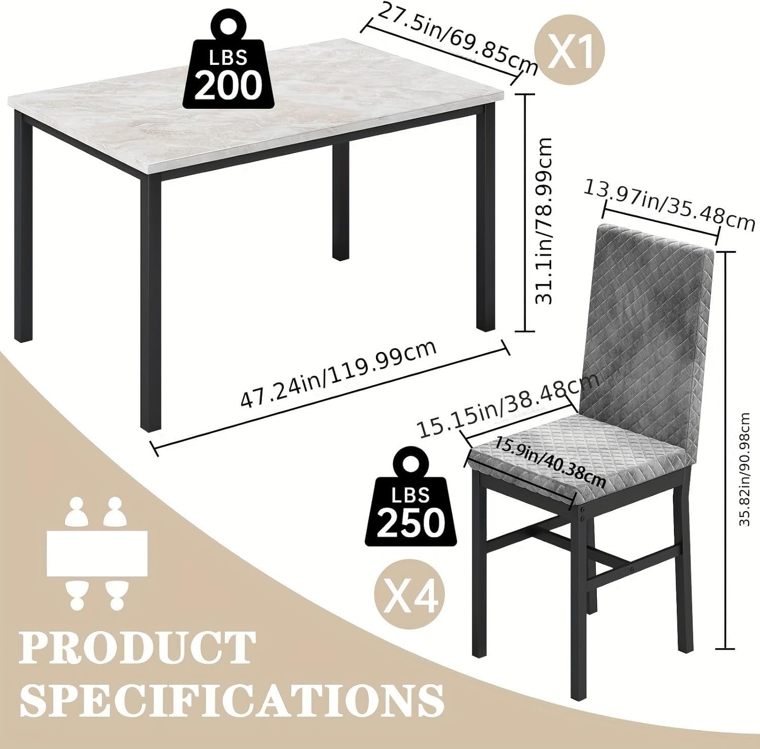 Faux Marble Dining Table & 4 Upholstered Chairs Set Space-Saving Design (Gray)