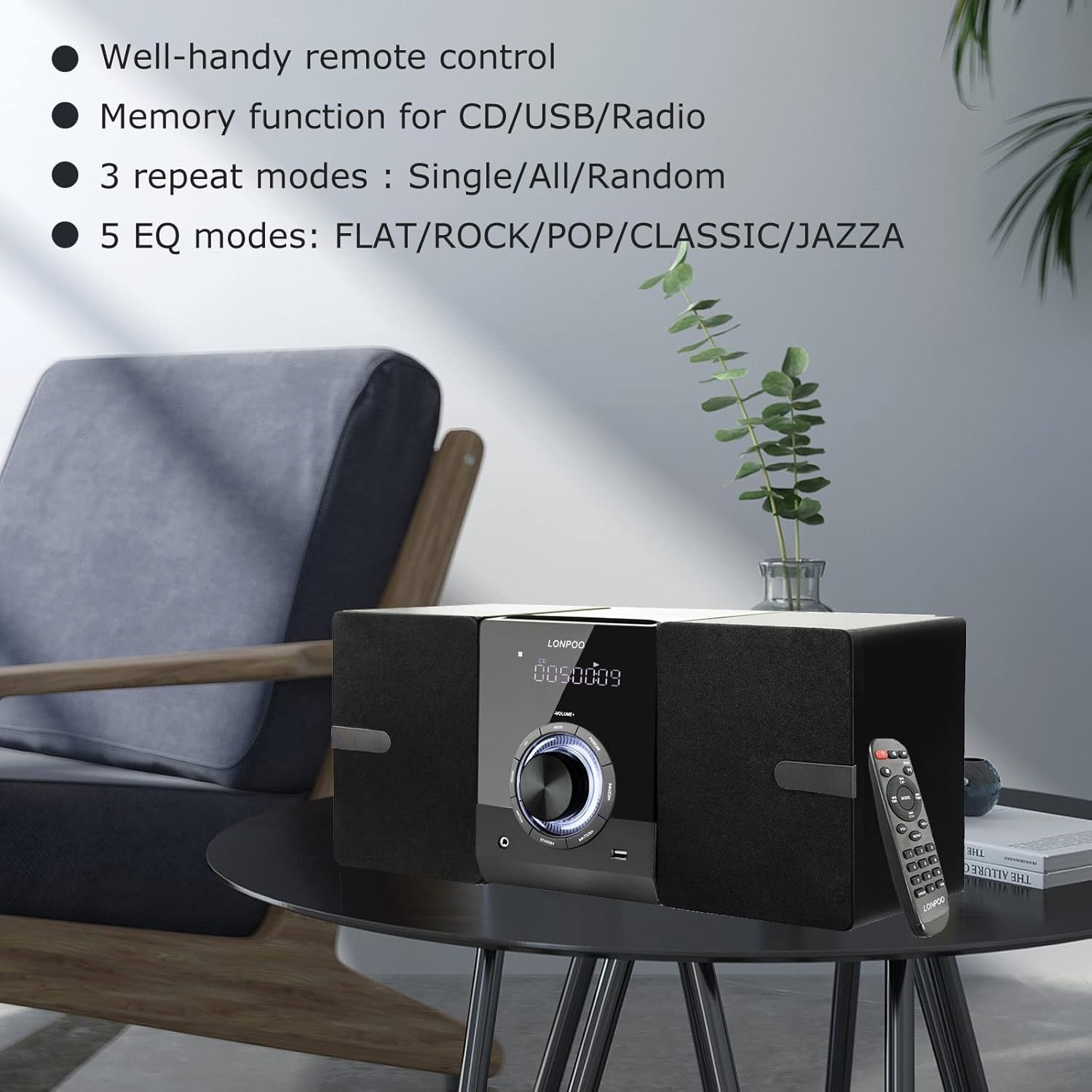 Compact HiFi Stereo System Bluetooth CD Player FM Radio USB AUX 40W Speakers