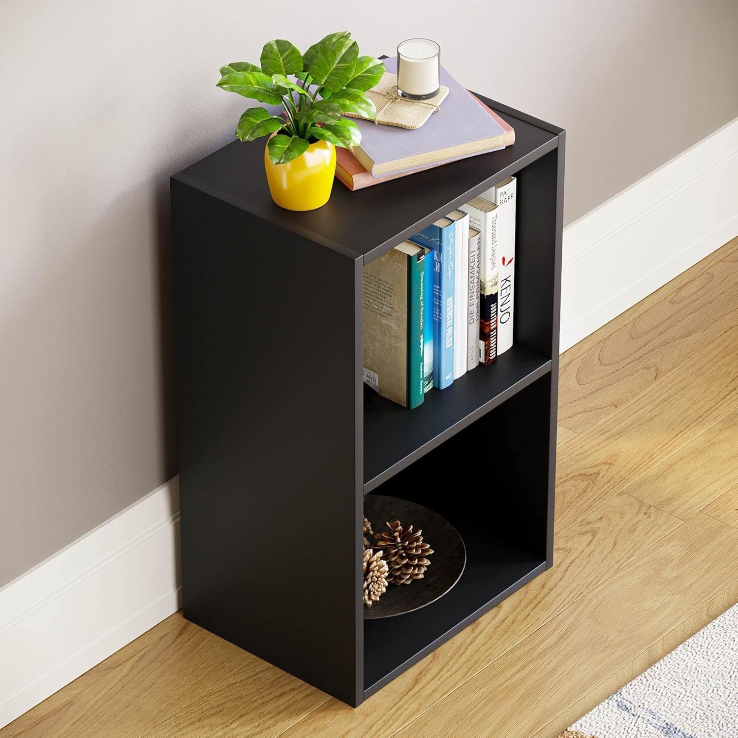 2 Tier Black Wooden Cube Bookcase Small Storage Shelf for Living Room Office