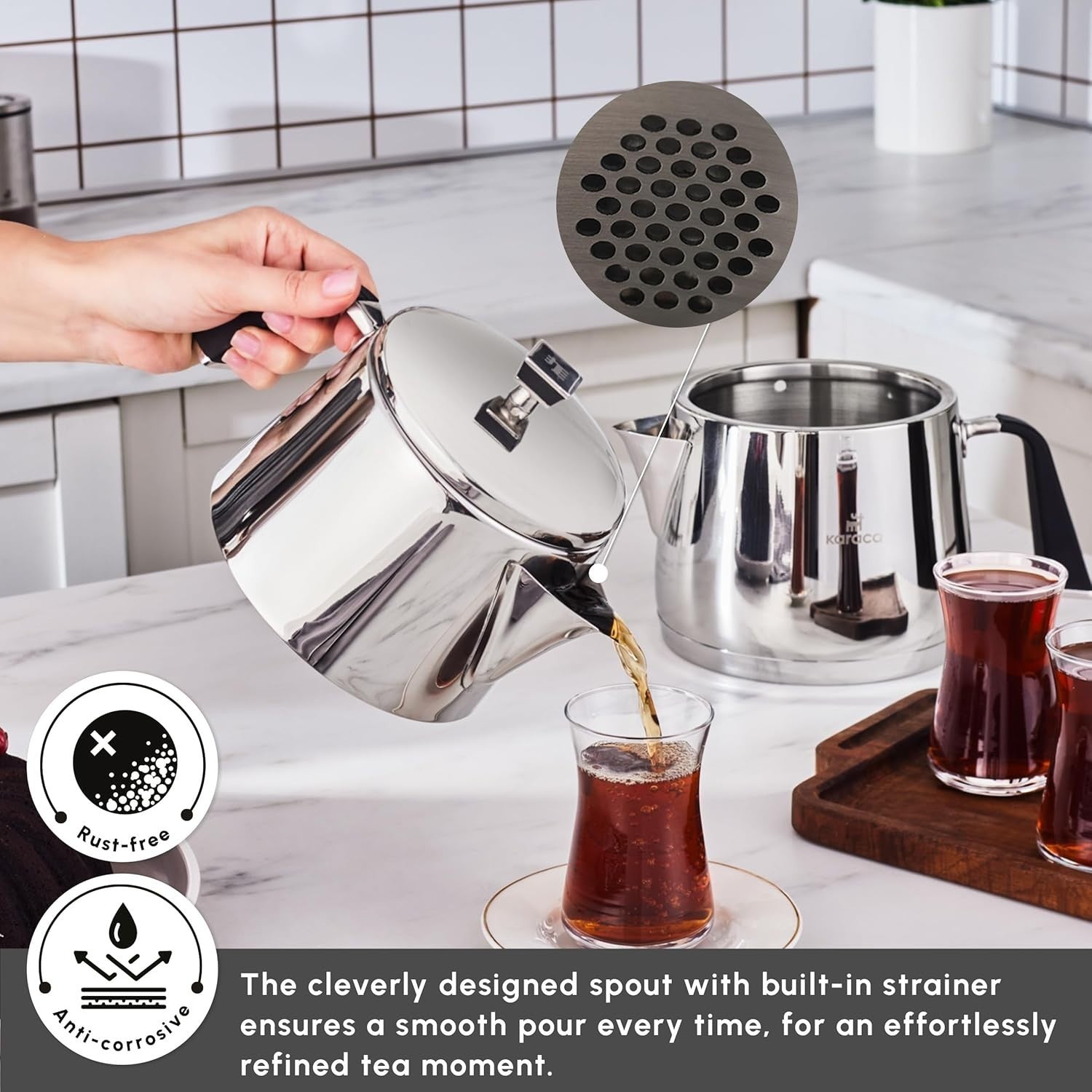Turkish Teapot Set 3L Stainless Steel Caydanlik Induction Compatible