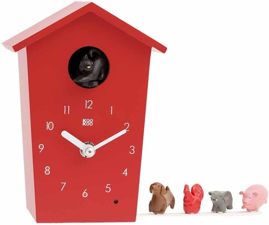 Animal Sound Cuckoo Clock Red | Kids Room Wall Clock | Farm Animal Chimes