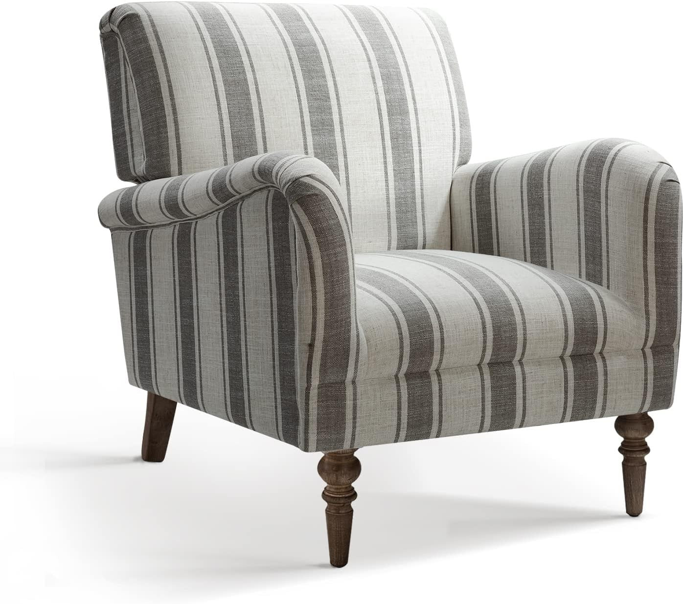 Striped Upholstered Armchair with Wooden Legs for Lounge or Bedroom Grey