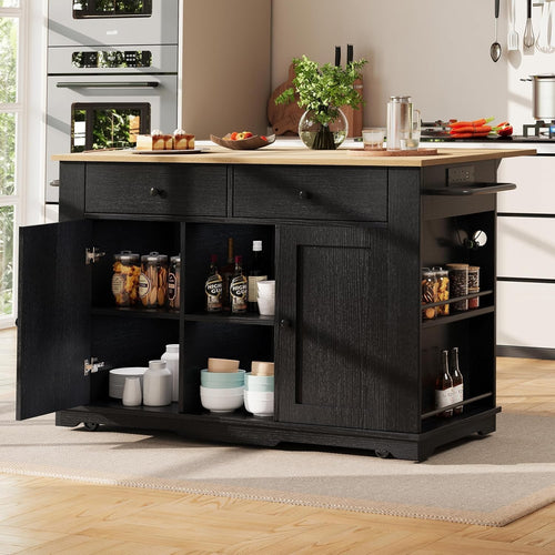 Kitchen Island Trolley with Foldable Side & Drawers Black 151.5x84.7x91.7cm