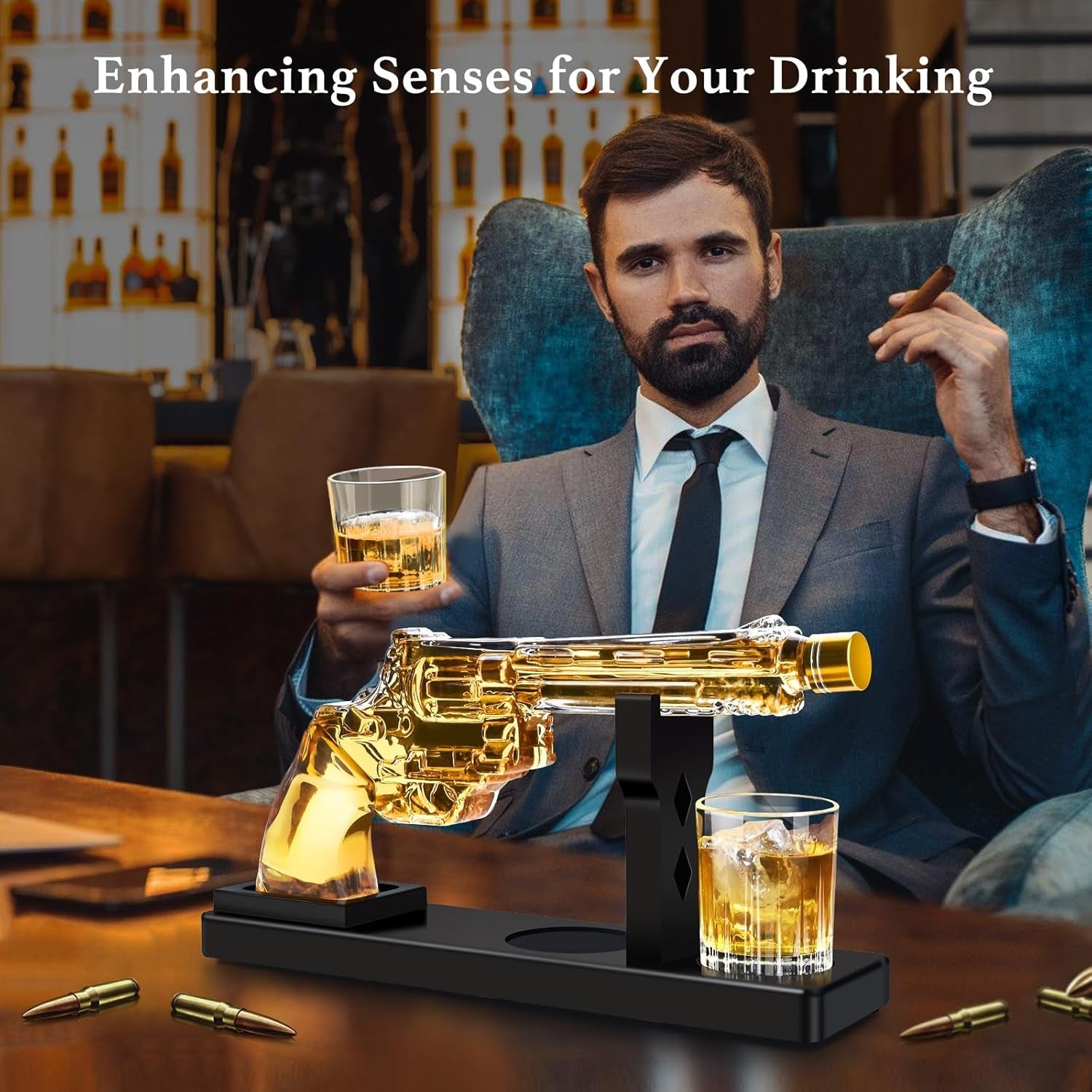 Gun Style Whiskey Decanter Set with 2 Shot Glasses Revolver Liquor Gift 9oz