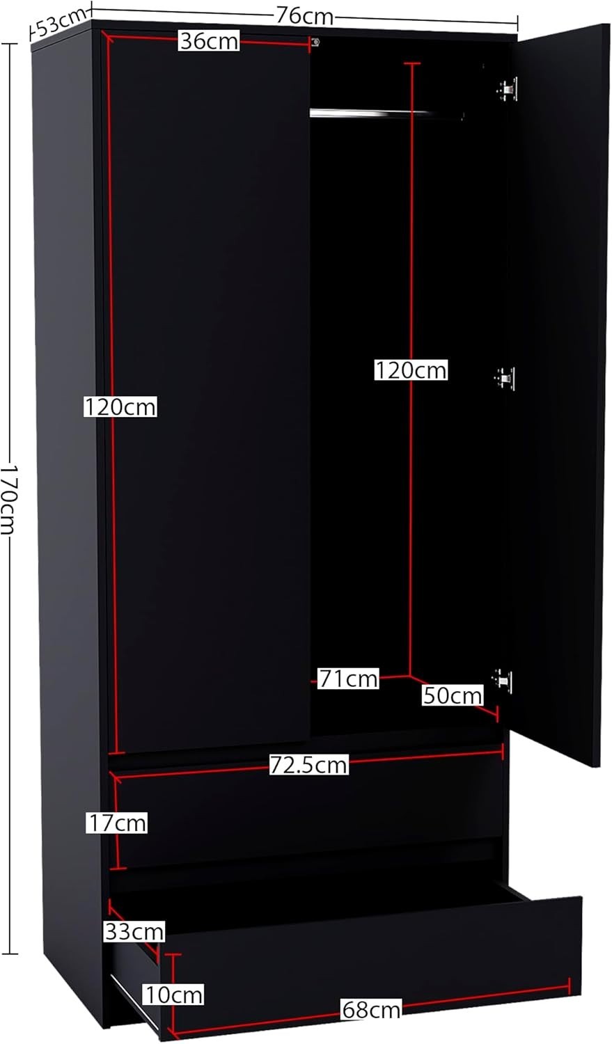Modern 2 Door Black Wardrobe with 2 Drawers & Versatile Hanging Rail