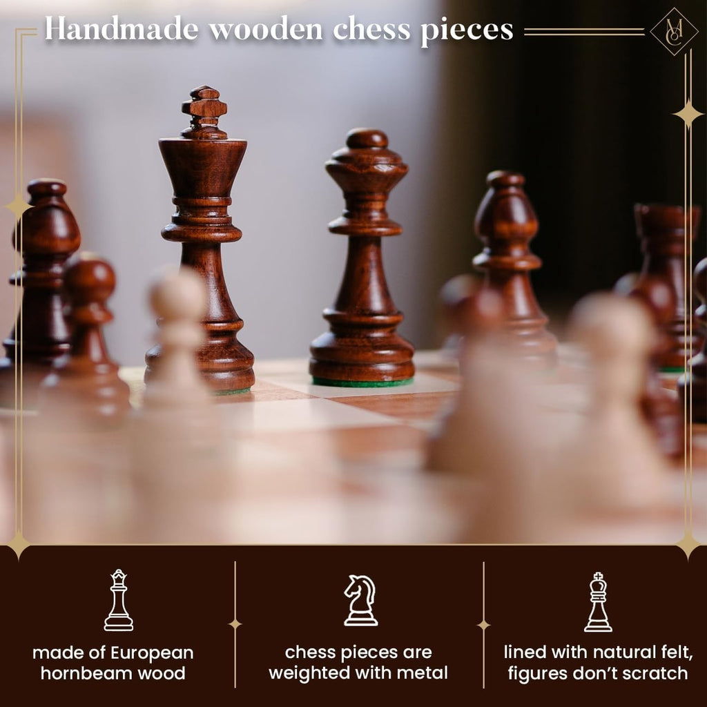48cm Wooden Inlaid Chess Set – Sycamore Board & Weighted Staunton Pieces