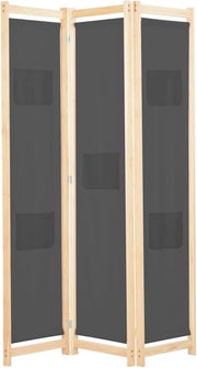3 Panel Grey Fabric Room Divider Folding Privacy Screen with Storage Pockets 170