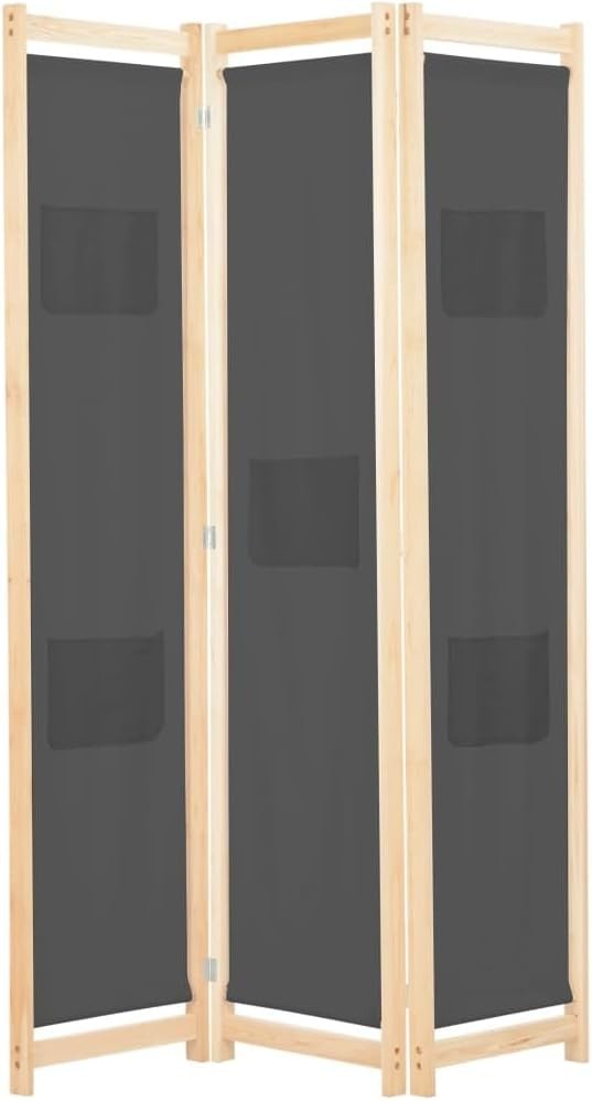 3 Panel Grey Fabric Room Divider Folding Privacy Screen with Storage Pockets 170