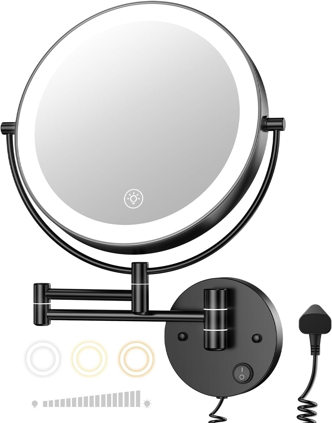 Wall Mounted Lighted Makeup Mirror 9" LED 1X/10X Magnification Touch Sensor