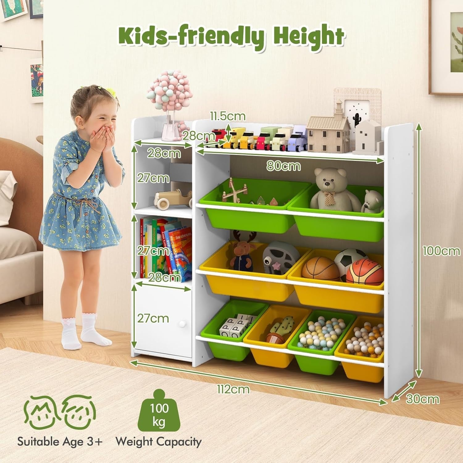 4 Tier Kids Toy Storage Organizer with Bins & Cabinet Bookshelf Unit White