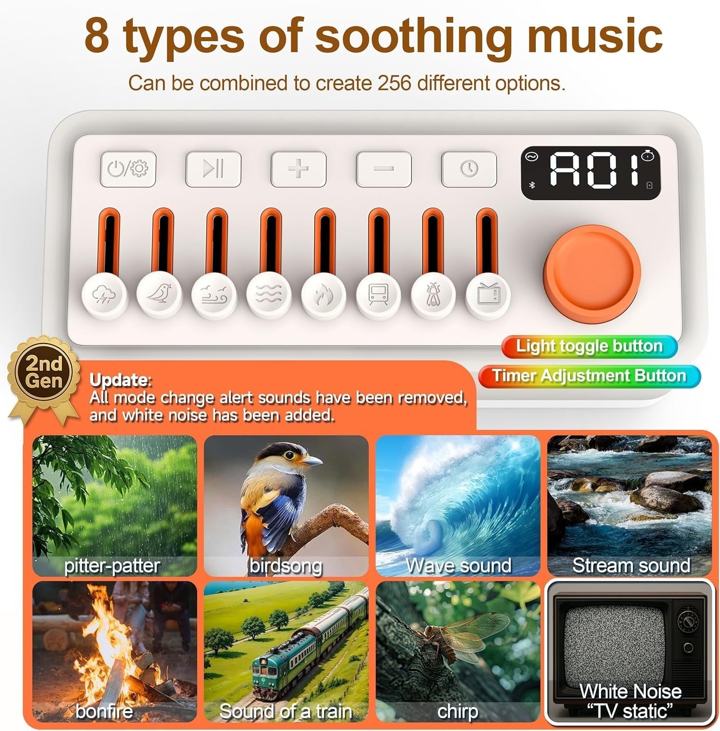 White Noise Machine with 8 Nature Sounds, Night Light & Bluetooth Speaker