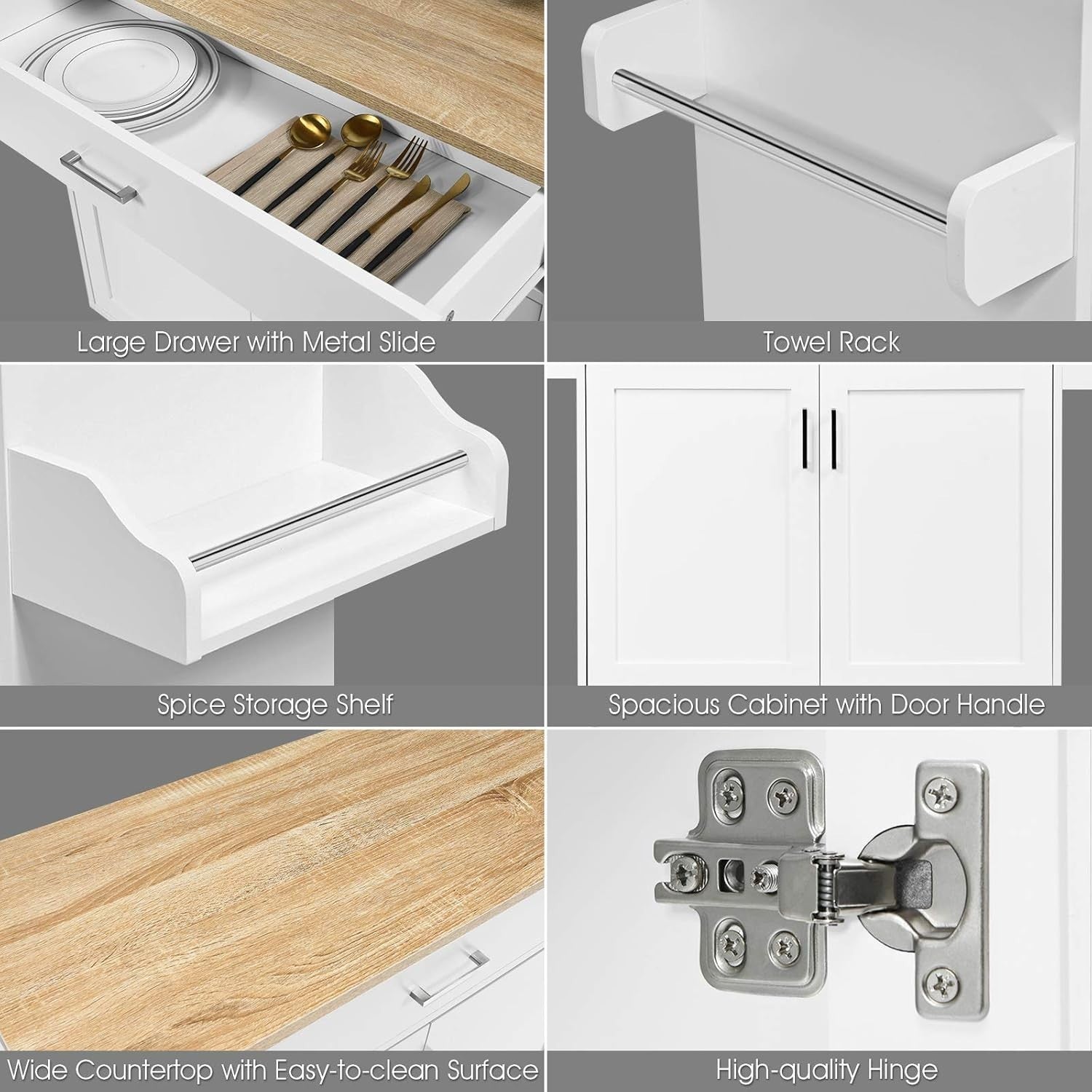 Kitchen Island Cart with Drawer, Adjustable Shelf & Towel Rack,White 40x116x85cm
